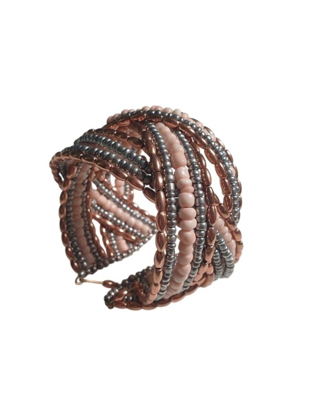 Beaded Cuff Bracelet Silver Pink Rose Gold Adjustable Memory Wire Jewelry Women